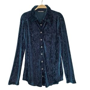 Vintage 70s SNOSKINS Ribbed Velvet Shirt Women XL Teal Long Sleeve Button Up USA